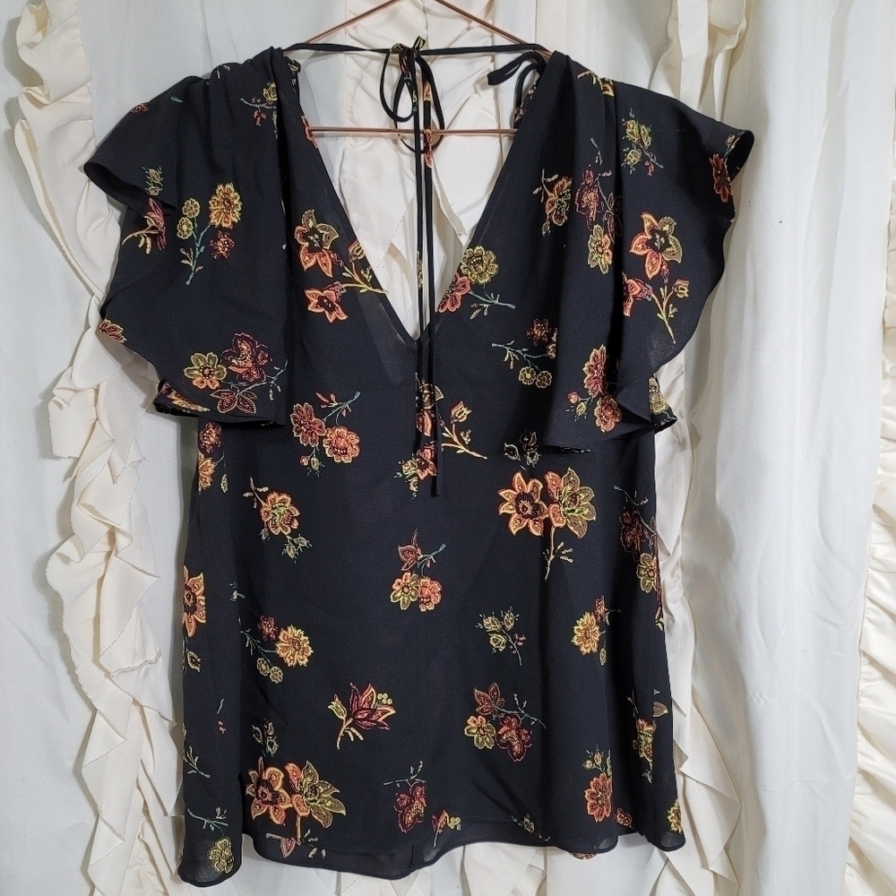 A.L.C. Clara Black Silk Shirt Moody Floral Print Short Flutter Sleeve 4 - Picture 8 of 10